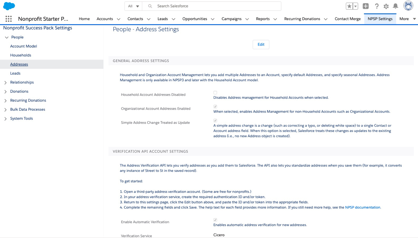 A screenshot of Saleforce NPSP settings